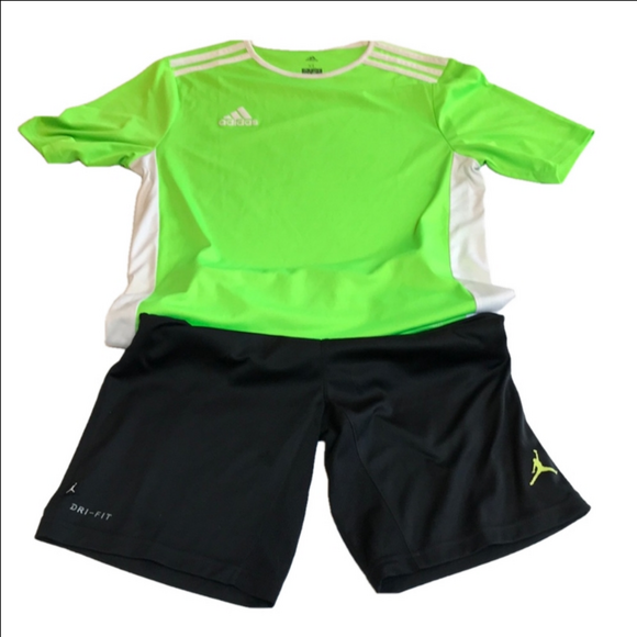 2 Pcs Adidas Green Youth XL Sport Shirt & Nike Black Dri-FIT Shorts Youth L - Picture 1 of 16